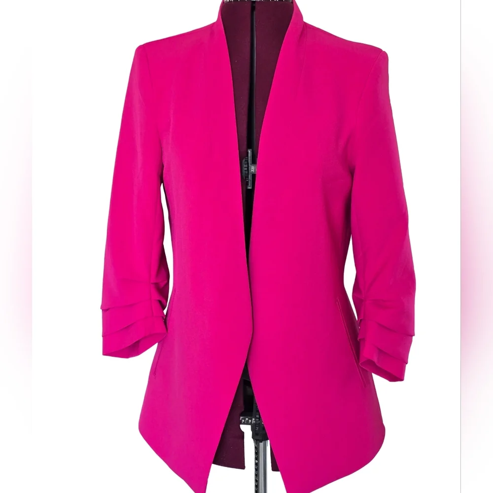 Rachel Zoe Hot Pink Ruched Sleeve Open Front Blazer Size M - Picture 1 of 6